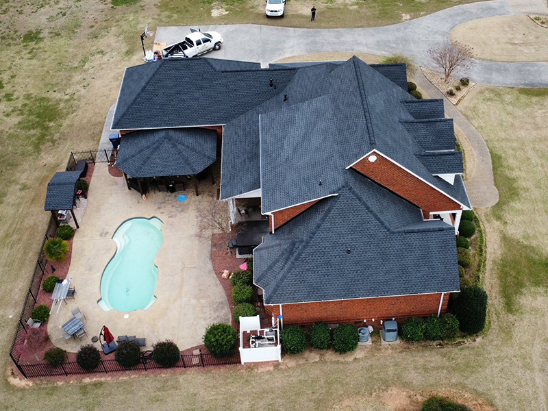 aerial view of residential property with new asphalt shingles roof replacement chatsworth ga