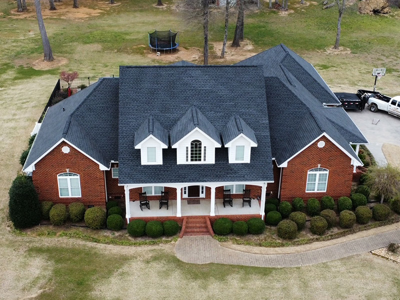 residential property aerial view with new asphalt shingles roof installation chatsworth ga